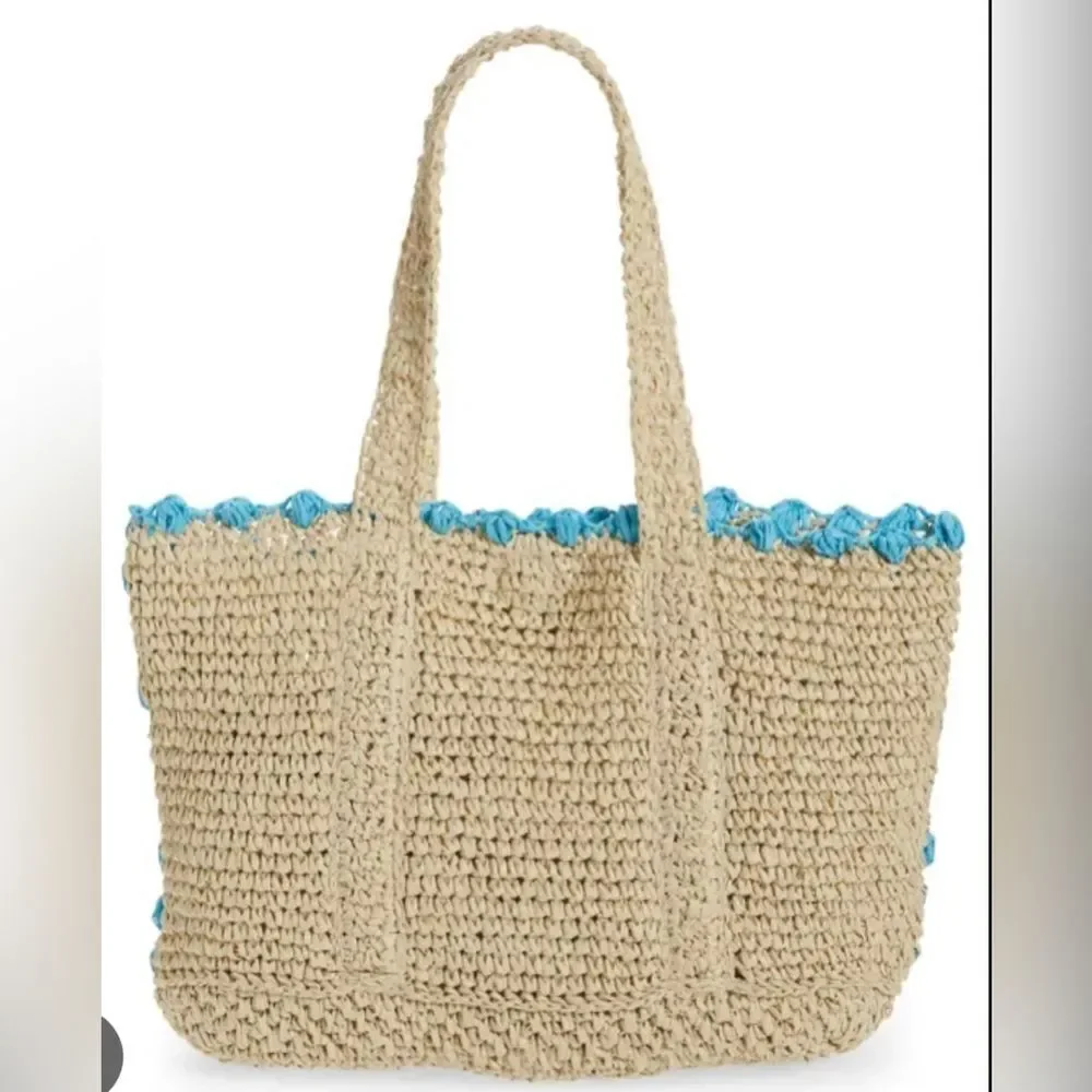 BTB Los Angeles LISBETH POMPOM STRAW TOTE IN AQUA OS NWT 148.00